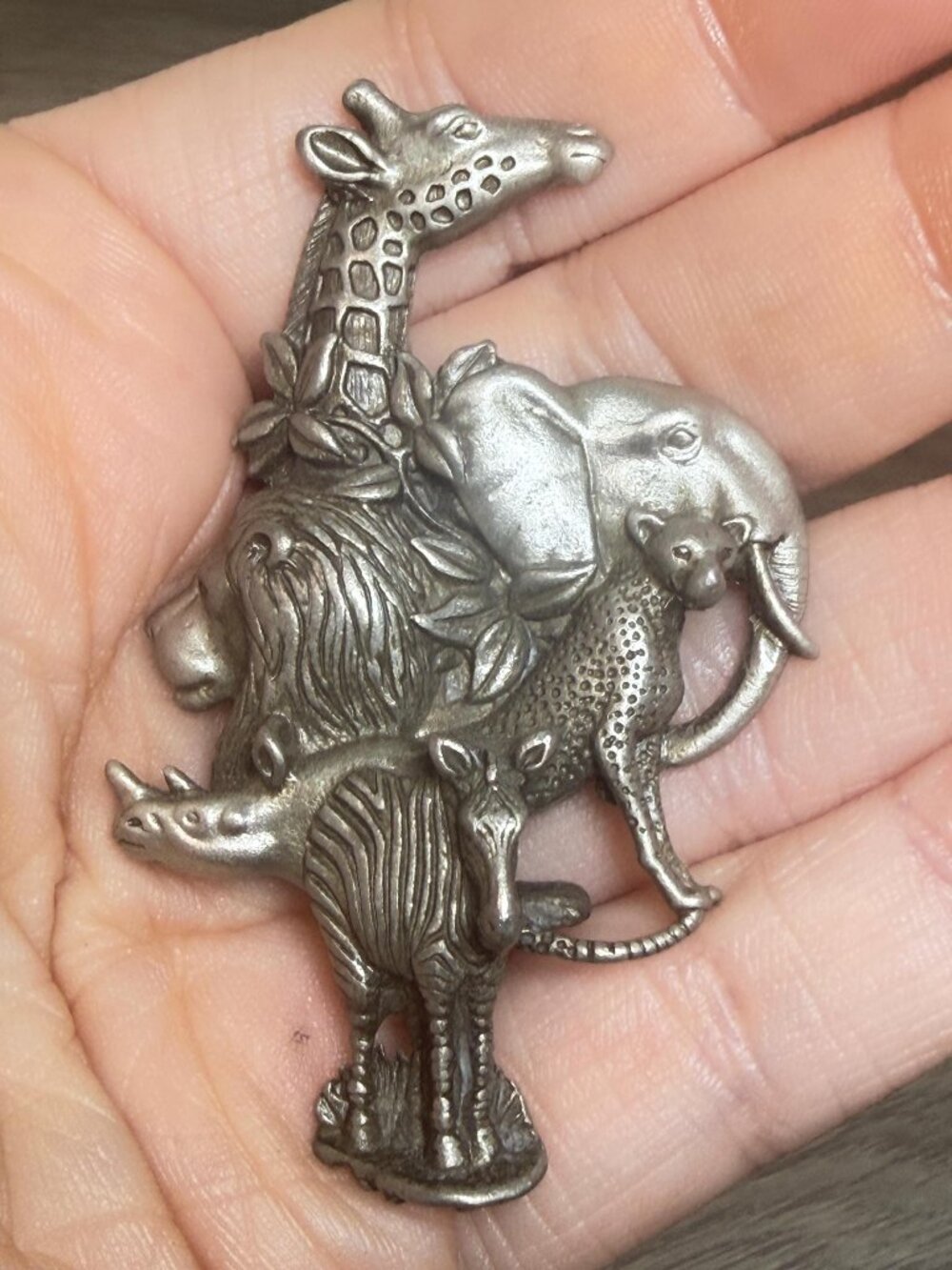 Safari Animals Brooch Giraffe Elephant Zebra Lion FABLE Vintage Pin 2.5"